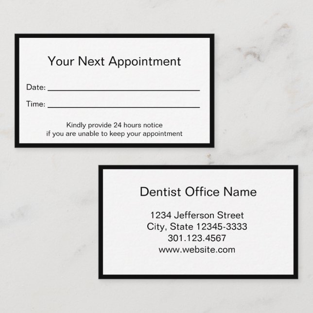 Tarjeta De Citas Blanco y negro simple tu próximo dentista (Anverso / Reverso)