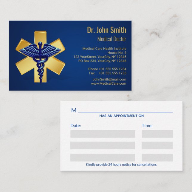 Tarjeta De Citas Blue Medical 3D Caduceus Gold Cross (Anverso / Reverso)