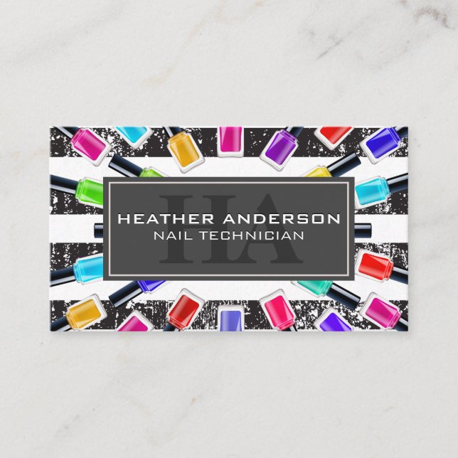 Tarjeta De Citas Botellas de Nail Polaco | Monograma y franjas | Ap (Anverso)