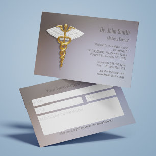 Tarjeta De Citas Caduceo Dorado Elegante con Alas Blancas Médico