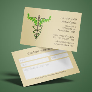Tarjeta De Citas Caduceo Hojas Verdes Beige Médico Alternativo