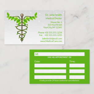 Tarjeta De Citas Caduceo Médico Alternativo Hojas Verdes Blancas