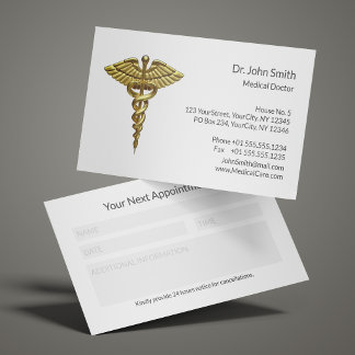 Tarjeta De Citas Caduceo Médico Limpio de Oro Precioso Profesional