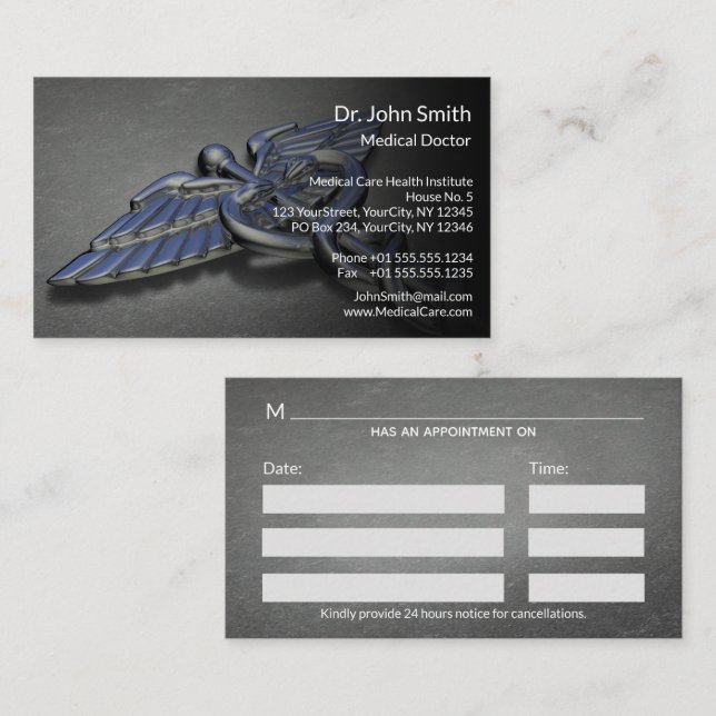 Tarjeta De Citas Caduceo Médico Profesional Chrome (Anverso / Reverso)