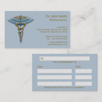 Tarjeta De Citas Caduceto de oro azul ligero médico profesional