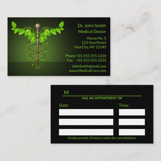 Tarjeta De Citas Caducto médico alternativo holístico hojas verdes (Anverso / Reverso)