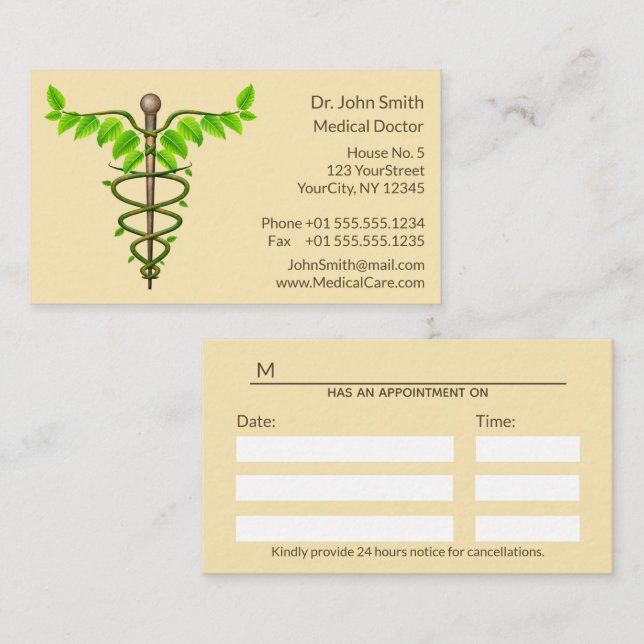 Tarjeta De Citas Caducto médico alternativo Verde deja beige (Anverso / Reverso)