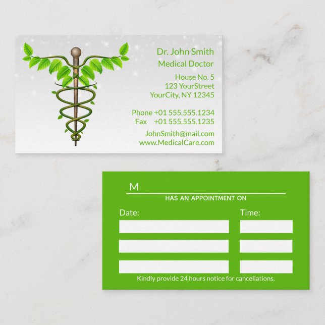 Tarjeta De Citas Caducto médico alternativo Verde deja blanco (Anverso / Reverso)