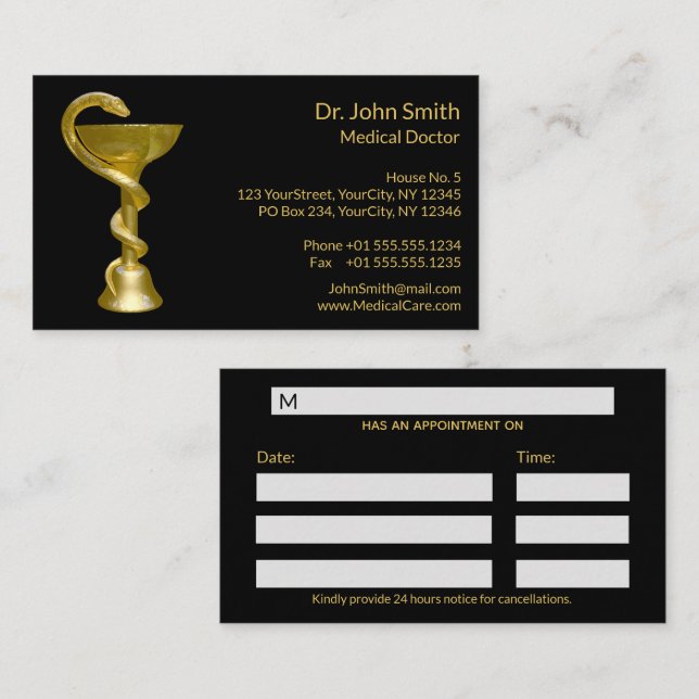 Tarjeta De Citas Classy Medical Bowel Snake Hygieia Gold Caduceus (Anverso / Reverso)