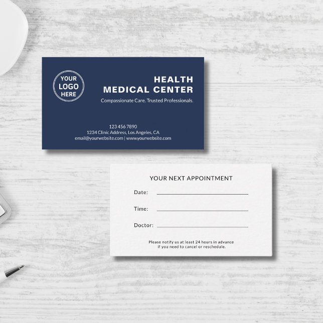 Tarjeta De Citas Clínica de salud Médico Navy Blue Profesional (Healthcare Clinic Doctor Navy Blue Professional Appointment Card)