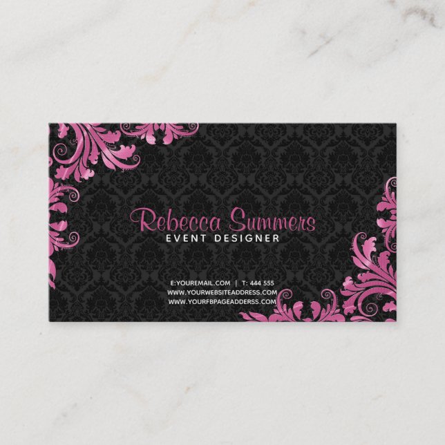 Tarjeta De Citas Damascos negros de encaje metálico rosado - Nombra (Anverso)