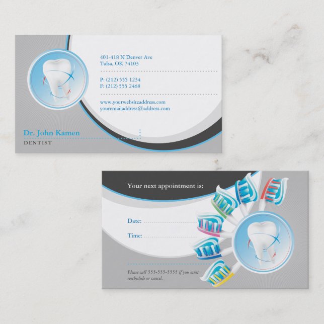 Tarjeta De Citas Dental gris azul | Dentista (Anverso / Reverso)