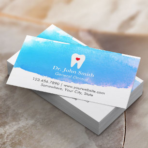 Tarjeta De Citas Dentist Tooth Heart Blue Watercolor Dental