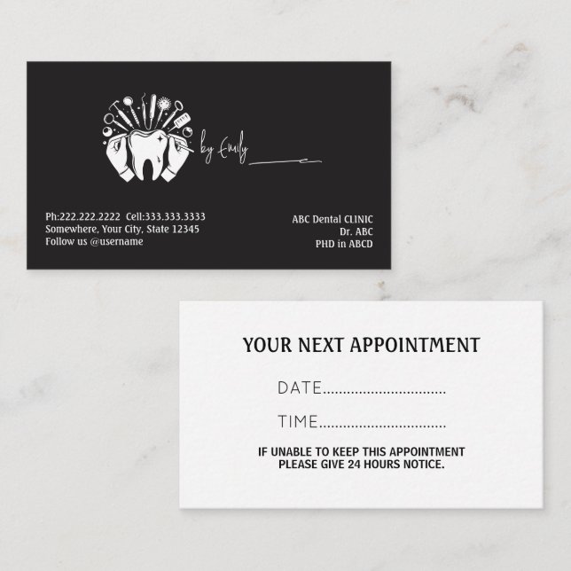Tarjeta De Citas Dentista Negro (Anverso / Reverso)