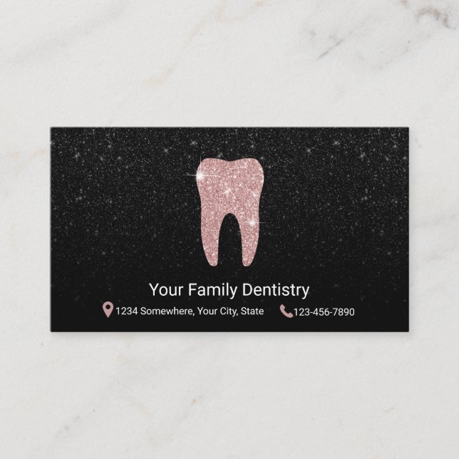 Tarjeta De Citas Dentista Rosa Oro Diente Negro Purpurina Dental Cu (Anverso)