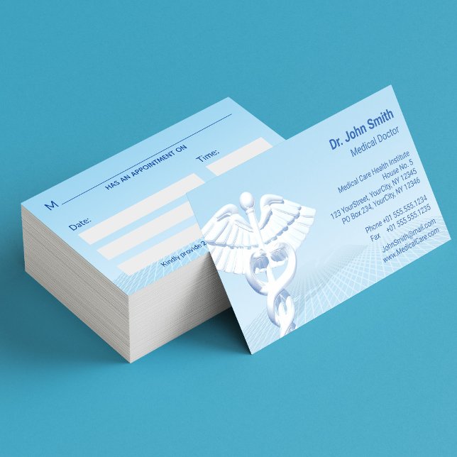Tarjeta De Citas Diseño azul Caduceus 3D blanco médico (Subido por el creador)