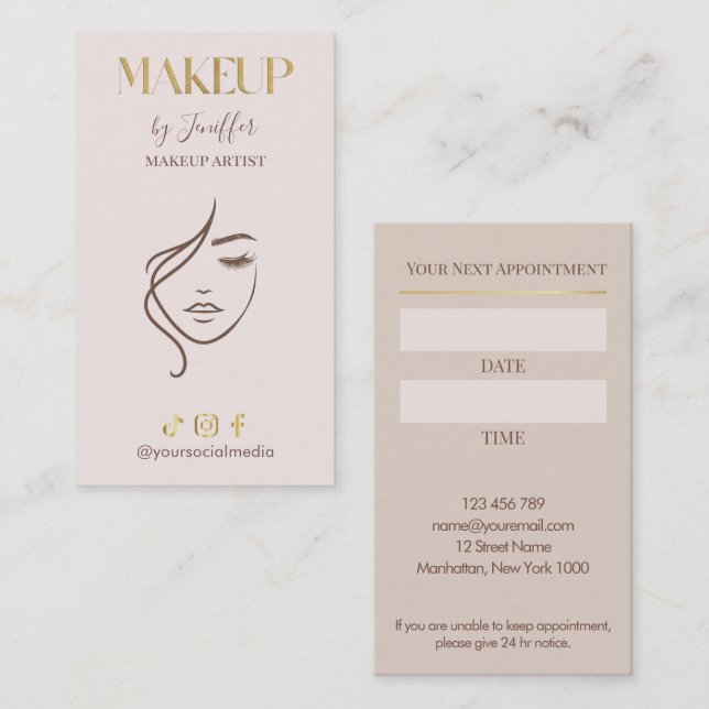 Tarjeta De Citas Elegant Beige & Gold Makeup Artist appointment (Anverso / Reverso)