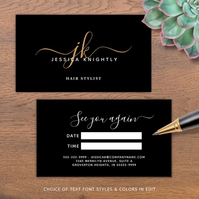 Tarjeta De Citas Elegant Black Gold Monogram Script Appointment (Subido por el creador)