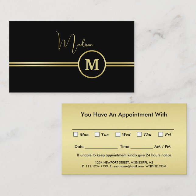 Tarjeta De Citas Elegant Gold Signature Monogram on Black (Anverso / Reverso)
