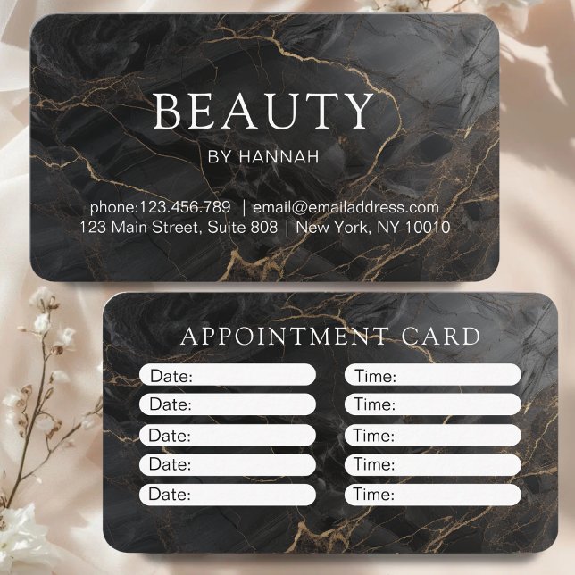 Tarjeta De Citas Elegant Marble Black-Gold Salon (Elegant Marble Black-Gold Salon Appointment Card)