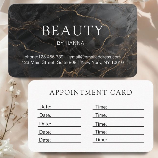 Tarjeta De Citas Elegant Marble Black-Gold Salon (Elegant Marble Black-Gold Salon Appointment Card)