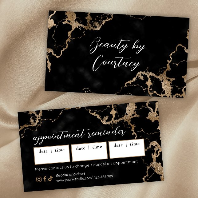 Tarjeta De Citas Elegant Script Gold & Black Marble Beauty Salon (Modern black marble and gold appointment cards )