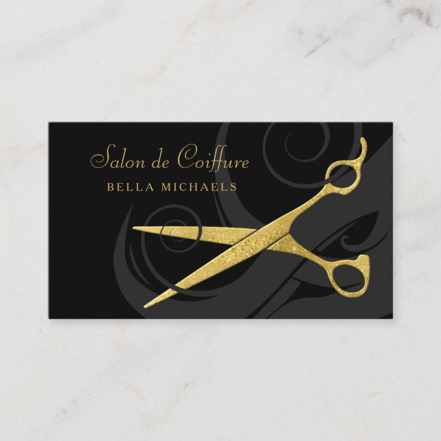 Tarjeta De Citas Elegante Black Curls Faux Gold Scissors Hair Salon (Anverso)