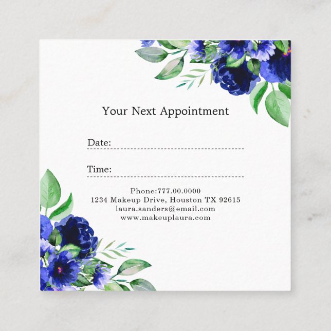 Tarjeta De Citas Elegante Blue Flower Hair & Makeup Business (Reverso)