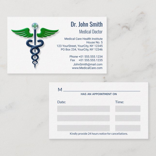 Tarjeta De Citas Elegante Caducto Médico Cruz Verde Azul (Anverso / Reverso)