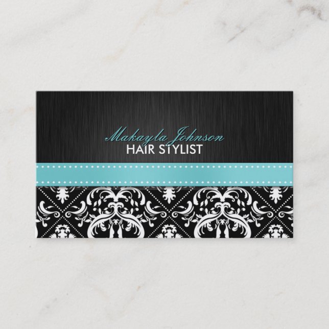 Tarjeta De Citas Elegante Damasco blanco y negro con cinta azul Ver (Anverso)