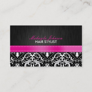 Tarjeta De Citas Elegante Damasco blanco y negro con cinta rosa cal