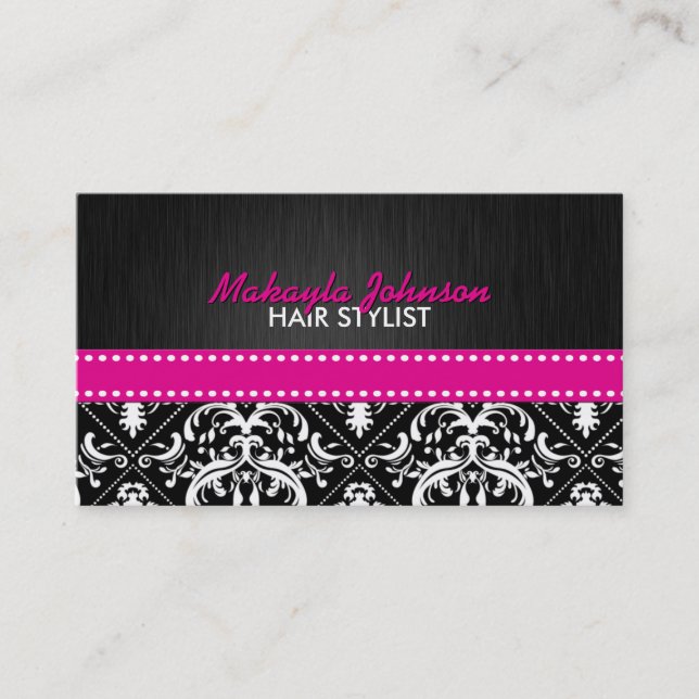 Tarjeta De Citas Elegante Damasco blanco y negro con cinta rosa cal (Anverso)
