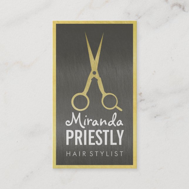 Tarjeta De Citas Elegante Hair Stylist Faux Gold Scissors Moda negr (Anverso)