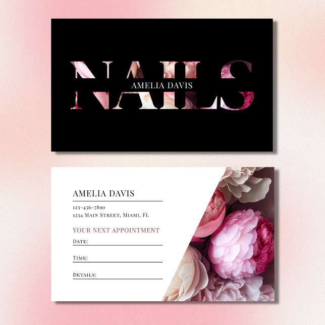 Tarjeta De Citas Elegante manicurista floral negro y rosa (Subido por el creador)