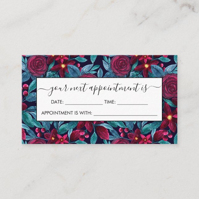 Tarjeta De Citas Elegante Marina Borgoña Navidades acuarela floral (Anverso)