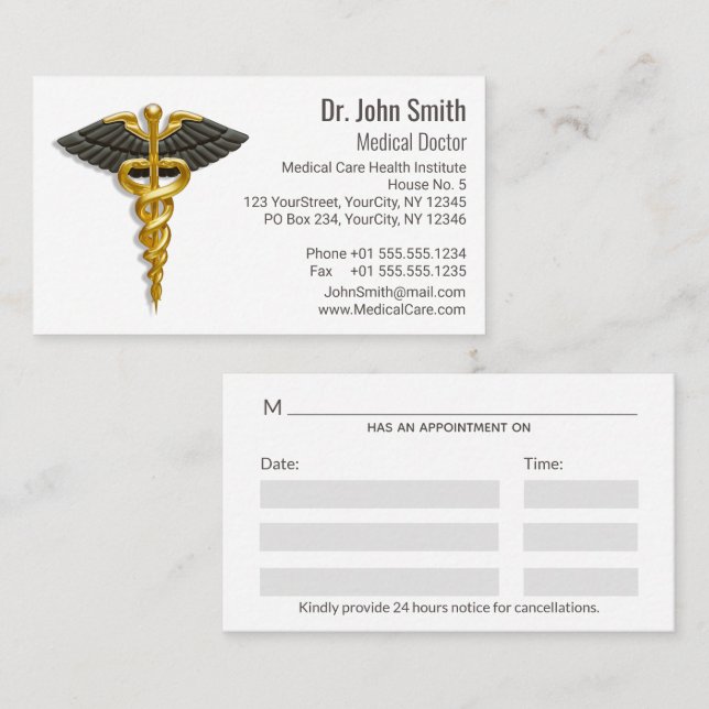 Tarjeta De Citas Elegante médica Caducto de Oro Clásico Alas Negras (Anverso / Reverso)