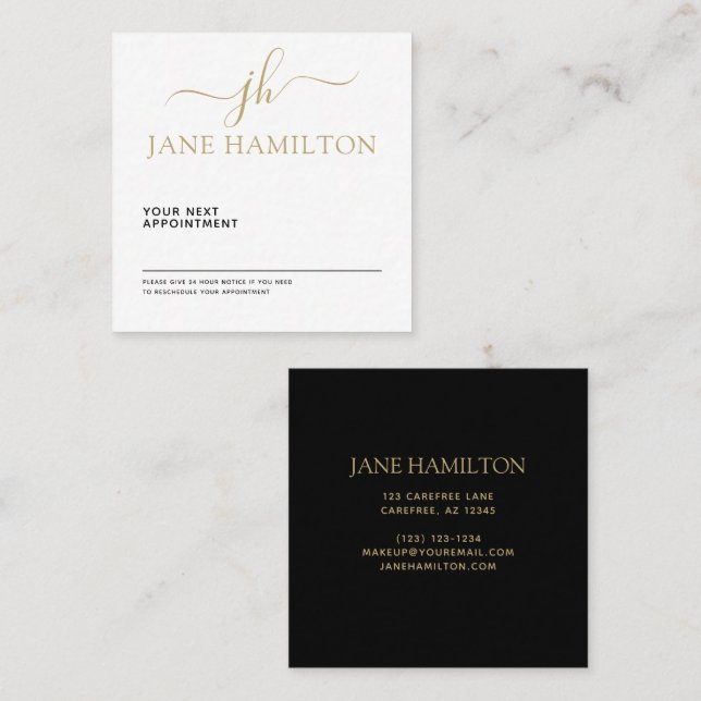Tarjeta De Citas Elegante Monograma Inicial Negro y Oro (Anverso / Reverso)