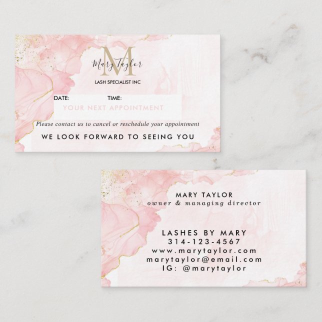 Tarjeta De Citas Elegante Purpurina Rubor Rosa Gold Marble (Anverso / Reverso)