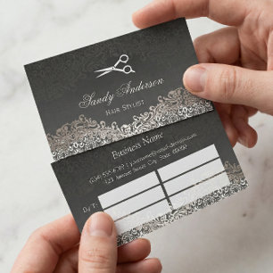 Tarjeta De Citas Elegante salón de pelo de damasco plateado con var