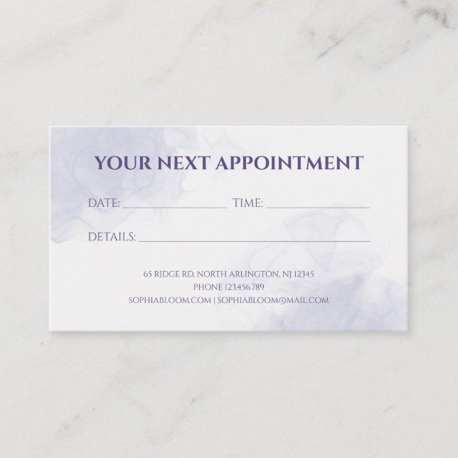 Tarjeta De Citas Elegante Tinta acuarela Liquida Púrpura Clara (Anverso)