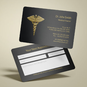 Tarjeta De Citas Elegante y con Clase Caduceo Médico de Oro sobre N