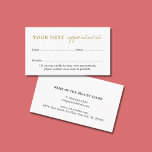 Tarjeta De Citas Elegante y simple belleza dorada blanca<br><div class="desc">Sencilla y elegante tarjeta de personalizable para el salón de belleza (pelo,  maquillaje,  uñas). Diseño elegante con fondo blanco y texto dorado.</div>