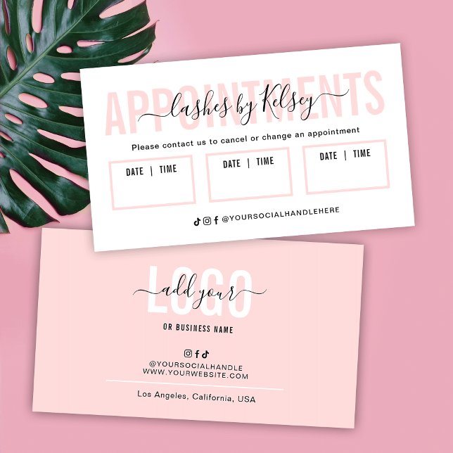 Tarjeta De Citas Feminine Blush Pink Beauty Salon Lash Spa Logo (Feminine blush pink and white salon appointment reminder cards)