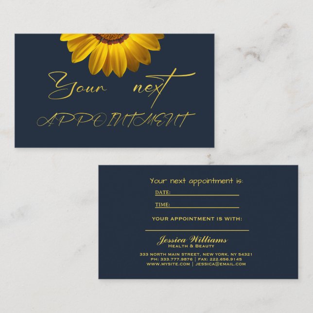 Tarjeta De Citas Flores amarillas en monograma de fondo azul marino (Anverso / Reverso)