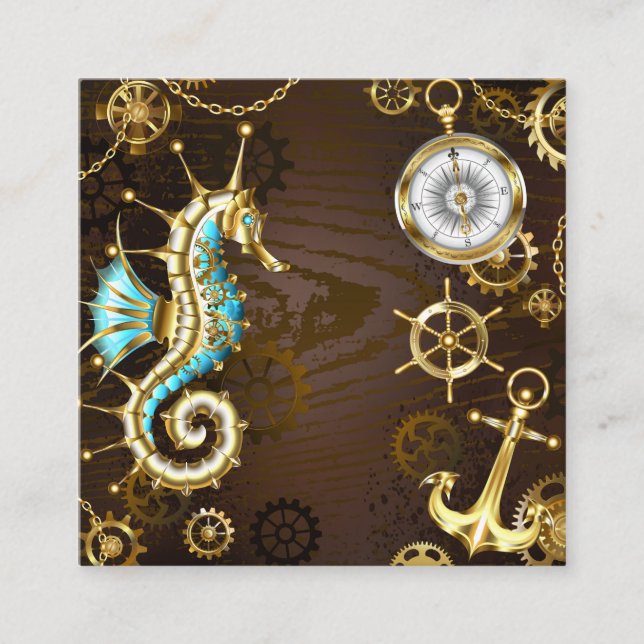 Tarjeta De Citas Fondo de madera con caballito de mar mecánico (Anverso)