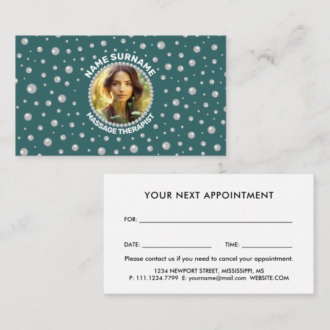 Tarjeta De Citas Foto personalizada con círculo de perlas sobre azu (Anverso / Reverso)