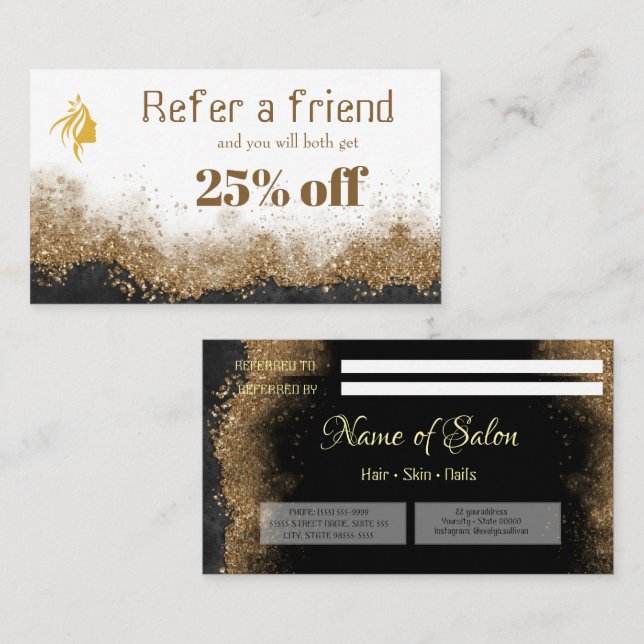 Tarjeta De Citas Gold and black   Salon Referral Card (Anverso / Reverso)