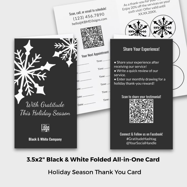 Tarjeta De Citas Gracias por la festividad blanca y negra doblada (Folded Black White Holiday Thank You Review Loyalty Appointment Card; Size: 3.5"x2", Portrait Format)