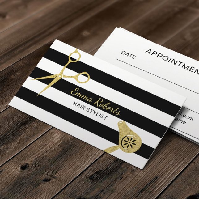 Tarjeta De Citas Hair Salon Gold Scisor Modern Stripes Nombramiento (Subido por el creador)