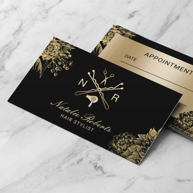 Tarjeta De Citas Hair Salon Modern Black & Gold Floral Nombramiento (Subido por el creador)
